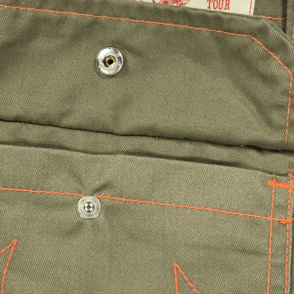 True Religion Cargo Pants Mens 38 Olive Green Twill Orange Stitching 108335 NWT